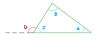 Triangle with 3 interior angles drawn and 1 exterior angle also.