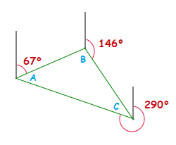 Triangle with some exterior angles drawn.